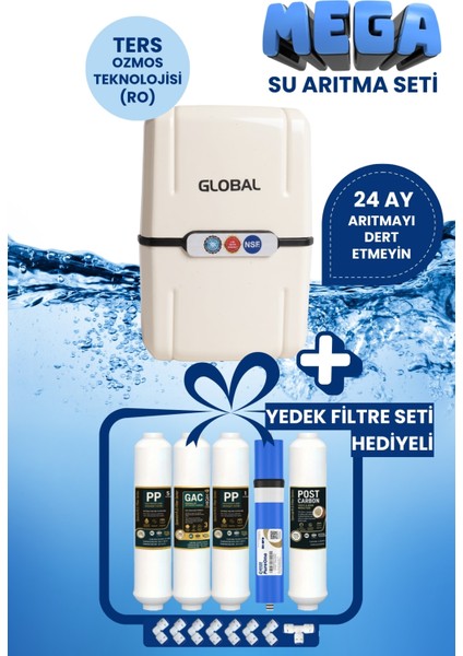 Mega Su Arıtma Seti-Yedek Filtre Seti HEDIYELI-80GPD 5 Filtreli Ro Sistem-8 Lt Tank-Beyaz