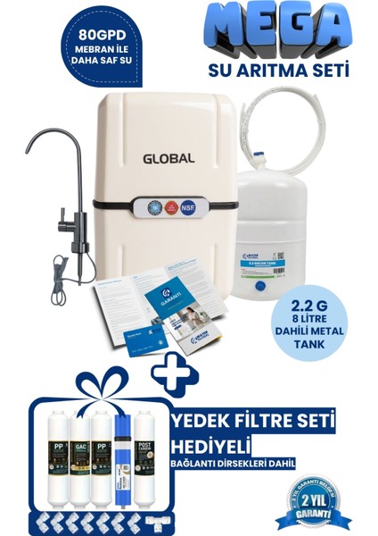 Mega Su Arıtma Seti-Yedek Filtre Seti HEDIYELI-80GPD 5 Filtreli Ro Sistem-8 Lt Tank-Beyaz modelleri