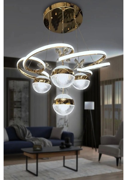 3 Renk Kumandalı Modern Sarkıt 4 Toplu Kelebekli Ledli Avize Gold
