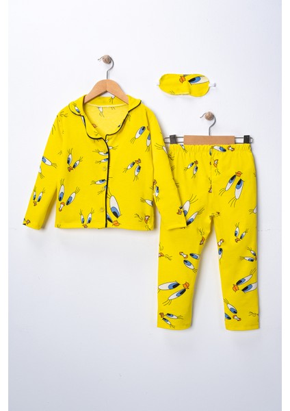 Kız Çocuk Civciv Desenli Pijama Takımı - Uyku Bandı Hediyeli
