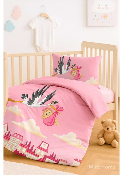 Yenidoğan Kız Bebek Nevresim Takımı &AMP;#37;100 Pamuklu Leylek