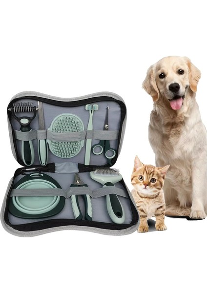 8 Parça Evcil Hayvan Tarak Makas Seti Kedi ve Köpek Bakım Makası Banyo Fırçası Su Kasesi