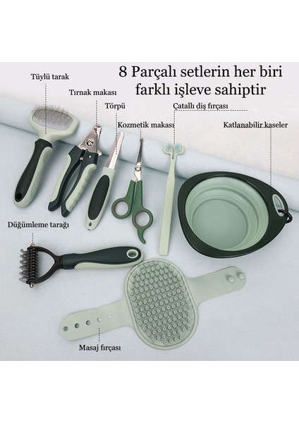8 Parça Evcil Hayvan Tarak Makas Seti Kedi ve Köpek Bakım Makası Banyo Fırçası Su Kasesi
