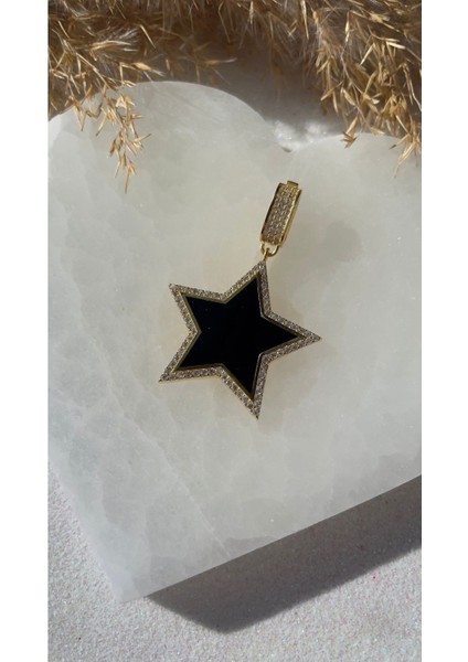 Siyah Mineli Yıldız Kolye Ucu Yıldızlı Kolye Ucu Trend ve Zarif Kolye Ucu Sevgiliye Hediye 925 modelleri