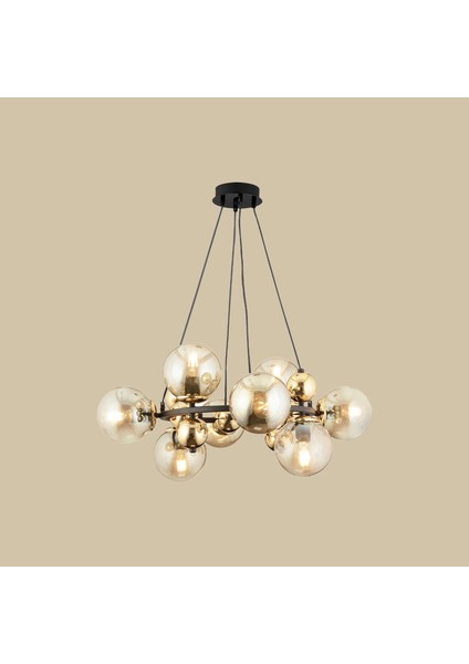 Sekizli Yuvarlak Camlı Avize Siyah-Gold (70X75 Cm)