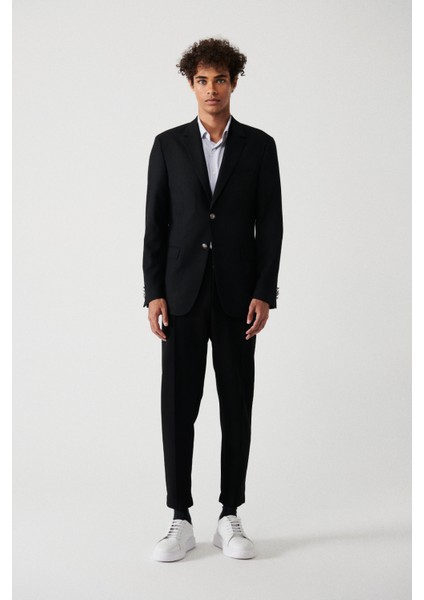 Erkek Siyah Mono Yaka Kapaklı Cepli Astarlı Çift Yırtmaçlı Metal Düğmeli Blazer Ceket A32Y4029