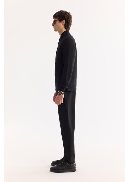 Erkek Siyah Polo Yaka Pamuklu Basic Slim Fit Sweatshirt B001080