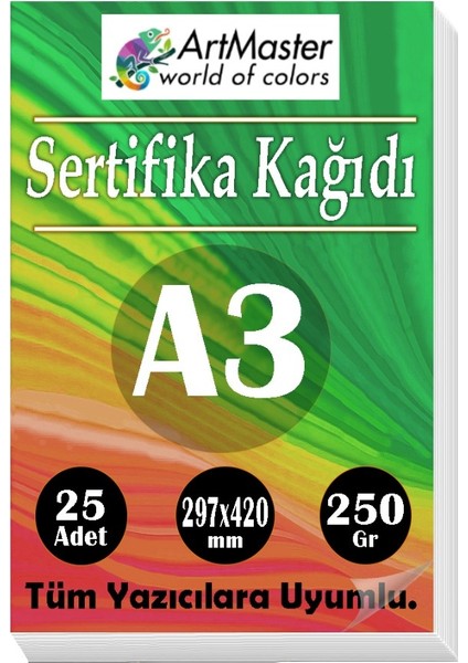A3 Sertifika Kağıdı 25 Adet 250 Gram Kalın Fotokopi Kağıdı Tüm Yazıcılara Uyumlu 29.7X42 cm Kalın Baskı Kağıdı