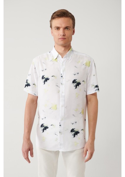 Erkek Beyaz%100 Viskon Alttan Britli Yaka Baskılı Viskon Regular Fit Gömlek A41Y2180