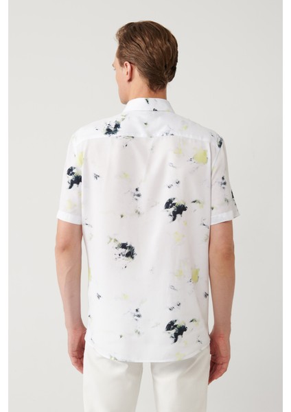 Erkek Beyaz%100 Viskon Alttan Britli Yaka Baskılı Viskon Regular Fit Gömlek A41Y2180