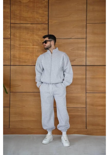 Erkek Premium Parçalı Eşofman Takım - Dik Yaka Fermuarlı Biyeli Sweatshirt Lastik Paça Alt, Oversize 3 Iplik Şardonlu - Gri