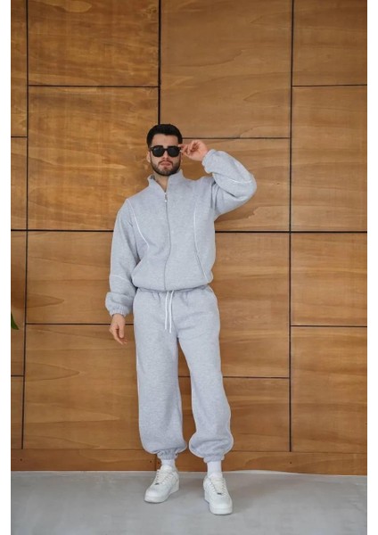 Erkek Premium Parçalı Eşofman Takım - Dik Yaka Fermuarlı Biyeli Sweatshirt Lastik Paça Alt, Oversize 3 Iplik Şardonlu - Gri indirimleri