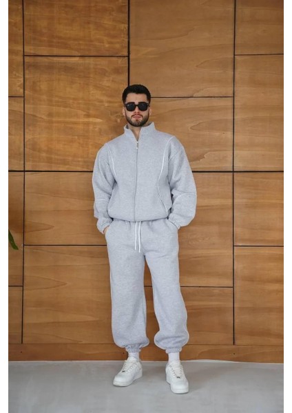 Erkek Premium Parçalı Eşofman Takım - Dik Yaka Fermuarlı Biyeli Sweatshirt Lastik Paça Alt, Oversize 3 Iplik Şardonlu - Gri