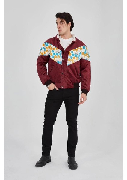 Erkek Içi Astarlı Içten Yaka Kısmı Peluşlu Beyaz Şeritli Vintage Ceket - Mürdüm modelleri