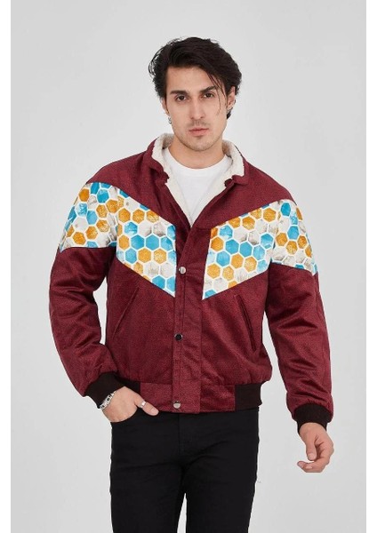 Erkek Içi Astarlı Içten Yaka Kısmı Peluşlu Beyaz Şeritli Vintage Ceket - Mürdüm