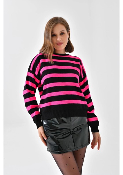 Kadın Kazak Bisiklet Yaka Çift Renk Bel ve Kol Lastikli Kadın Kazak Fuşya - 10465