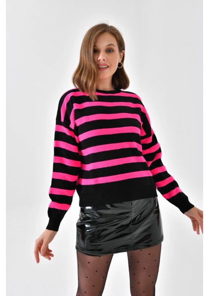 Kadın Kazak Bisiklet Yaka Çift Renk Bel ve Kol Lastikli Kadın Kazak Fuşya - 10465 fiyatları