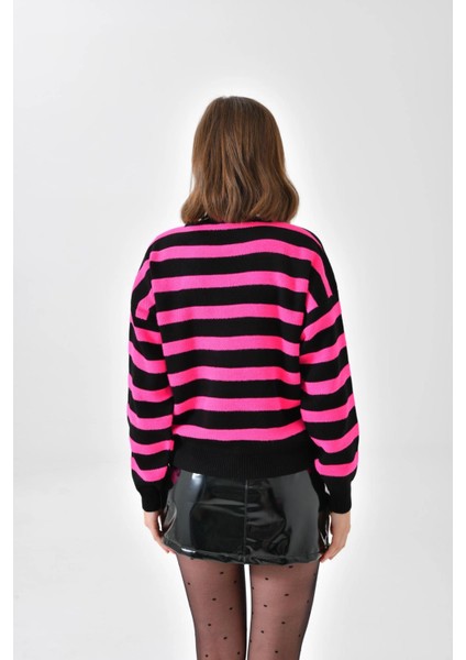 Kadın Kazak Bisiklet Yaka Çift Renk Bel ve Kol Lastikli Kadın Kazak Fuşya - 10465 fırsatları