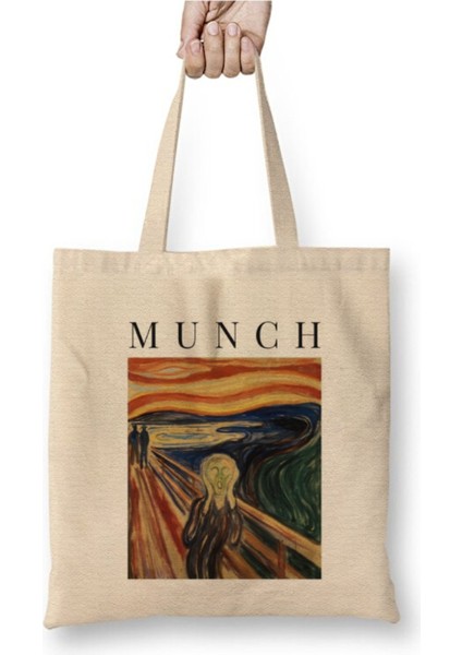 Munch Çığlık Scream Beyaz Bez Çanta Uzun Saplı Alışveriş Çantası Plaj Çantası