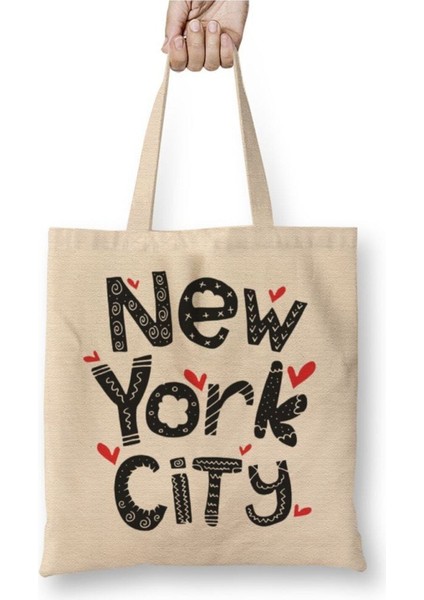 New York City Beyaz Bez Çanta Uzun Saplı Alışveriş Çantası Plaj Çantası