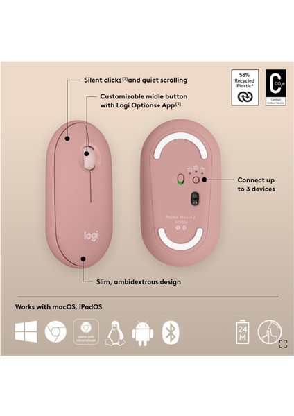 Logıtech Pebble 2 M350S Kablosuz Bluetooth Sessiz Optik Mouse Pembe 910-007014