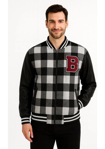 Erkek Kolej Ceket – Kareli Oduncu Kumaş, Kolları Suni Deri, Fermuarlı, Içi Kapitone Astarlı, Nakışlı Oversize Bahar & Kış Stil - Gri