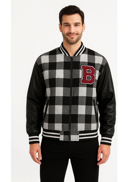 Erkek Kolej Ceket – Kareli Oduncu Kumaş, Kolları Suni Deri, Fermuarlı, Içi Kapitone Astarlı, Nakışlı Oversize Bahar & Kış Stil - Gri fiyatları