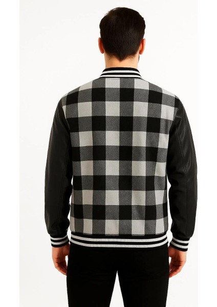 Erkek Kolej Ceket – Kareli Oduncu Kumaş, Kolları Suni Deri, Fermuarlı, Içi Kapitone Astarlı, Nakışlı Oversize Bahar & Kış Stil - Gri modelleri