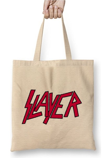 Slayer Logo Beyaz Bez Çanta Uzun Saplı Alışveriş Çantası Plaj Çantası