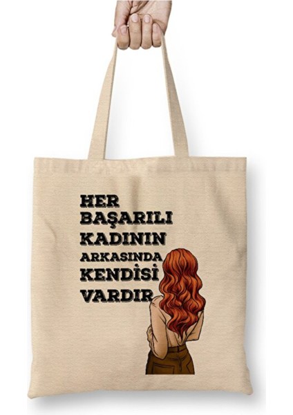 Her Kadın Başarılıdır Komik Bez Çanta Uzun Saplı Alışveriş Çantası Plaj Çantası