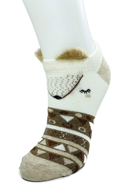 4 Çift Yumuşak Ponpon 3 Boyut Kulaklı Desenli Pamuklu Kadın Bilek çorap