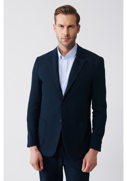 Erkek Lacivert Astarsız Çizgi Gofreli Çift Yırtmaç Ceket A31Y4009