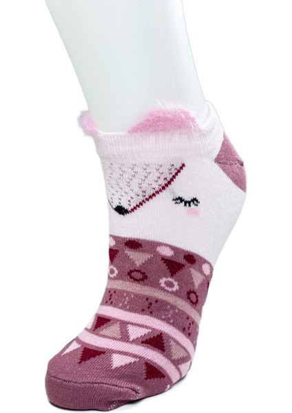 4 Çift Yumuşak Ponpon 3 Boyut Kulaklı Desenli Pamuklu Kadın Bilek çorap