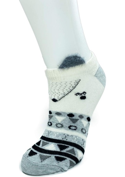 4 Çift Yumuşak Ponpon 3 Boyut Kulaklı Desenli Pamuklu Kadın Bilek çorap