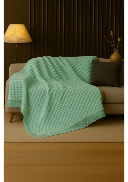 Pamuklu Dokulu Ekru Koltuk Şalı 170X220 cm – Saçaklı Tv Battaniyesi & Dekoratif Koltuk Örtüsü