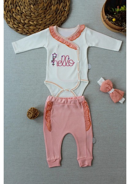 Litaetrend 3-6 6-9 9-12 Ay Hello Nakışlı Kruvaze Bandanalı Uzun Kollu Zıbınlı 3lü Kız Bebek Takımı Somon