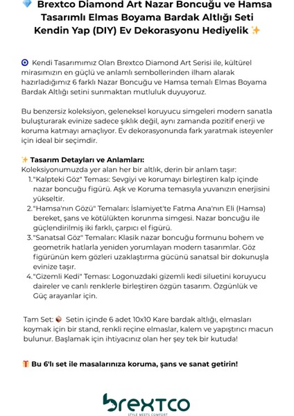Elmas Boyama Bardak Altlığı Seti Brextco Diamond Art Nazar Boncuğu ve Hamsa Tasarımlı 6'lı (Dıy) indirimleri