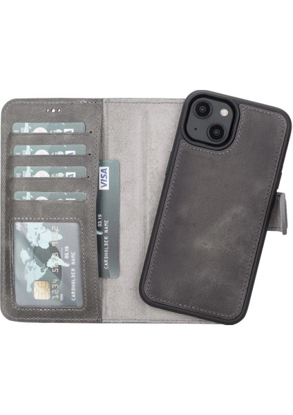 Apple iPhone 14 Uyumlu Deri Cüzdanlı Kılıf Mwwn VS4EF Gri