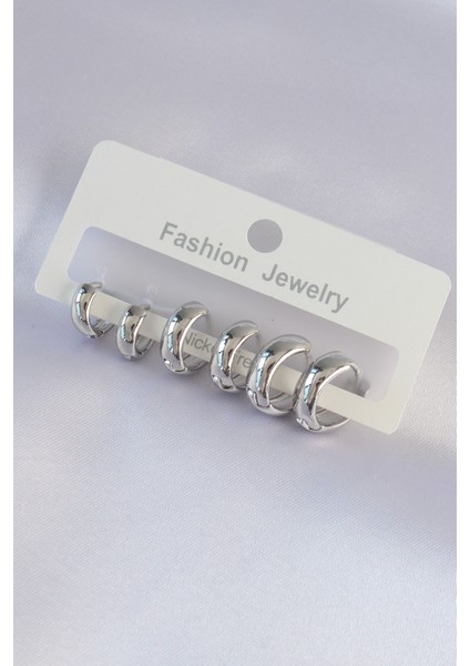 Pirinç Gümüş Renk Oval Bombeli Küpe Seti - Lisinya