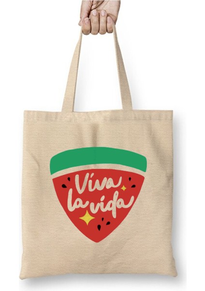 Twinkling Watermelon Viva La Vida Beyaz Bez Çanta Uzun Saplı Alışveriş Çantası Plaj Çantası