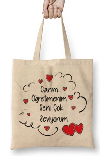 Canım Öğretmenim Öğretmenler Günü 02 Beyaz Bez Çanta Uzun Saplı Alışveriş Çantası Plaj Çantası