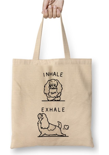 Inhale Exhale Cavalier King Charles Spaniel Yoga Beyaz Bez Çanta Uzun Saplı