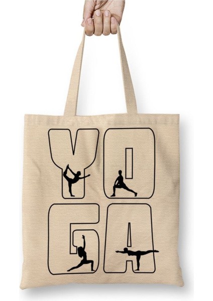 Yoga Logo Beyaz Bez Çanta Uzun Saplı Alışveriş Çantası Plaj Çantası
