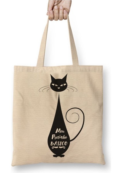 Meu Pretinho Basico Cat Kedi Beyaz Bez Çanta Uzun Saplı Alışveriş Çantası Plaj Çantası