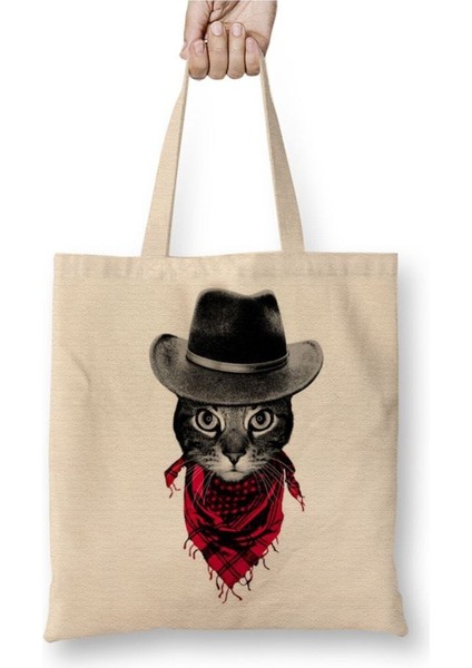 Kovboy Cat Kedi Beyaz Bez Çanta Uzun Saplı Alışveriş Çantası Plaj Çantası