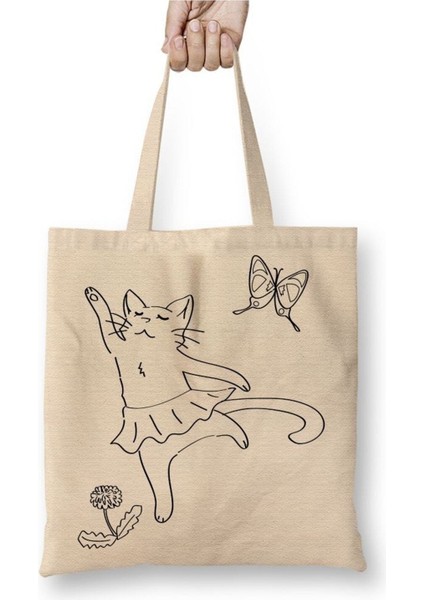 Balerin Cat Kedi Beyaz Bez Çanta Uzun Saplı Alışveriş Çantası Plaj Çantası