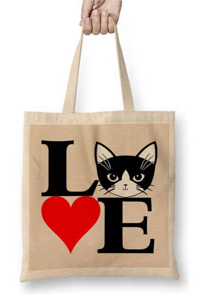 I Love Kedi Seni Seviyorum Kedi Cats Beyaz Bez Çanta Uzun Saplı Alışveriş Çantası Plaj Çantası