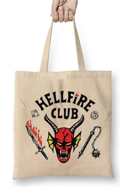Stranger Things - Hellfire Club Beyaz Bez Çanta Uzun Saplı Alışveriş Çantası Plaj Çantası