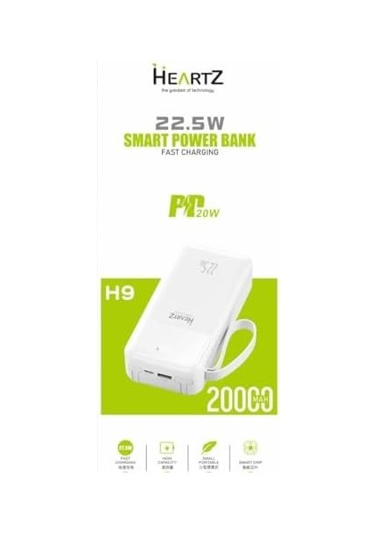 H9 20000 Mh Pd 20W ve USB 22.5W Fast Hızlı Şarj Dahili Type C ve Lightning Kablolu Dünya Standartlarına Uygun Polymer Batarya Birebir Amper LCD Göstergeli Powerbank modelleri