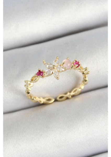 Pirinç Papatya Figürlü Zirkon Taşlı Gold Renk Ayarlanabilir Kadın Yüzük - Lisinya